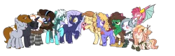 Size: 4000x1300 | Tagged: safe, artist:fuckomcfuck, derpibooru import, oc, oc:bitzy berry, oc:blueberry oatmeal, oc:cream heart, oc:frizz, oc:littlepip, oc:lunar flower, oc:therma, oc:velvet remedy, oc:whittaker, unnamed oc, unofficial characters only, changedling, changeling, dragon, earth pony, gryphon, pony, unicorn, derpibooru community collaboration, fallout equestria, 2023 community collab, bipedal, blank flank, changedling oc, changeling oc, choker, clothes, dragon oc, eyes closed, female, food, glasses, griffon oc, grin, hoof shoes, image, kirby, kirby (series), lying down, male, mare, markings, multicolored hair, non-pony oc, open mouth, png, prone, raised hoof, simple background, smiling, socks, stallion, striped socks, sushi, trans male, transgender, transparent background, unshorn fetlocks, wall of tags