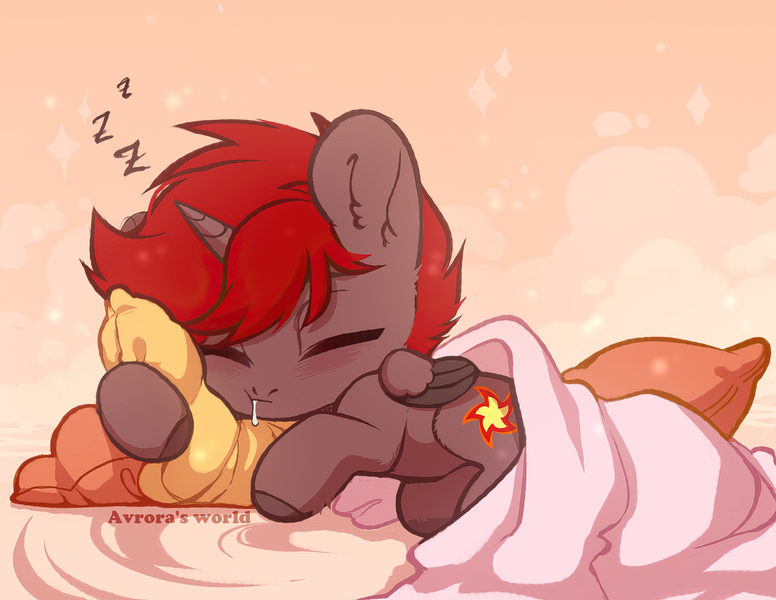 Size: 2200x1700 | Tagged: safe, artist:avroras_world, derpibooru import, oc, oc:hardy, alicorn, pony, blanket, ear fluff, eyes closed, image, male, onomatopoeia, pillow, png, sleeping, solo, sound effects, stallion, zzz