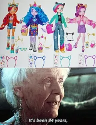 Size: 500x648 | Tagged: safe, derpibooru import, official, izzy moonbow, pipp petals, sunny starscout, zipp storm, equestria girls, doll, g5, image, jpeg, meme, titanic, titanic old lady, toy