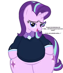 Size: 5600x6435 | Tagged: suggestive, alternate version, artist:duskyzombie, derpibooru import, starlight glimmer, pony, unicorn, absurd resolution, bedroom eyes, belly, bipedal, both cutie marks, bottom heavy, bowtie, butt, chubby, chubby glimmer, clothes, cute, derpibooru exclusive, dialogue, disproportional anatomy, extra thicc, female, glimmer glutes, glimmerbetes, hoof on hip, huge butt, image, imminent facesitting, large butt, lidded eyes, looking at you, mare, plot, plump, png, simple background, smiling, solo, suit, the ass was fat, thick, transparent background, vector, wide hips