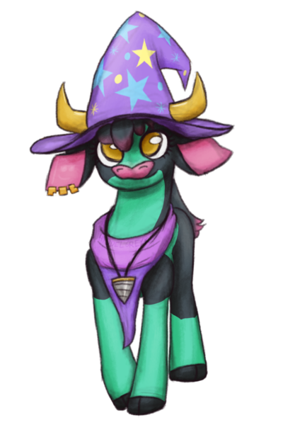 Size: 800x1200 | Tagged: safe, artist:hiddelgreyk, derpibooru import, oc, oc:zelckip, cow, derpibooru community collaboration, them's fightin' herds, 2023 community collab, arizona (tfh), bandana, clothes, cloven hooves, community related, drill, ear piercing, glue cup (tfh), gold, hat, image, jewelry, looking at you, pendant, piercing, png, redesign, simple background, standing, tfh oc, transparent background, trixie's hat, yellow eyes