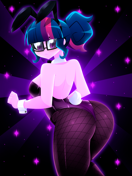 Size: 1500x2000 | Tagged: suggestive, artist:xan-gelx, derpibooru import, sci-twi, twilight sparkle, equestria girls, bunny suit, butt, clothes, cuffs, glasses, image, looking back, playboy bunny twilight sparkle, png, twibutt