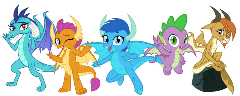 Size: 4445x1787 | Tagged: safe, artist:ponygamer2020, derpibooru import, ocellus, princess ember, smolder, spike, oc, oc:frosty, oc:frosty the dragon, dragon, disguise, disguised changeling, dragon day, dragon oc, dragon ocellus, dragoness, female, flying, group, horn, image, looking at you, male, non-pony oc, peace sign, png, rock, simple background, sitting, smiling, smiling at you, spike day, tail, teenaged dragon, transparent background, vector, waving at you, winged spike, wings