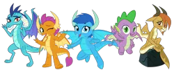 Size: 4445x1787 | Tagged: safe, artist:ponygamer2020, derpibooru import, ocellus, princess ember, smolder, spike, oc, oc:frosty, oc:frosty the dragon, dragon, disguise, disguised changeling, dragon day, dragon oc, dragon ocellus, dragoness, female, flying, group, horn, image, looking at you, male, non-pony oc, peace sign, png, rock, simple background, sitting, smiling, smiling at you, spike day, tail, teenaged dragon, transparent background, vector, waving at you, winged spike, wings