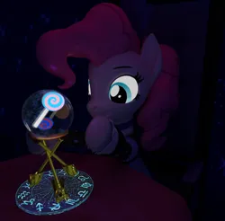 Size: 1920x1890 | Tagged: safe, artist:kamimation, derpibooru import, pinkie pie, earth pony, pony, 3d, blender, candy, crystal ball, food, fortune teller, glow, glowing eyes, hooves, image, lollipop, looking at something, png, scepter, smiling, solo, twilight scepter, zodiac