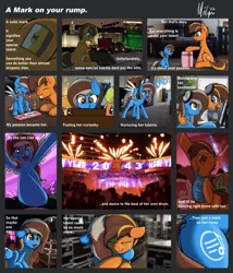 Size: 3059x3567 | Tagged: safe, artist:ponynamedmixtape, derpibooru import, vinyl scratch, oc, oc:field fox, oc:mixtape, oc:playlist, oc:strawberry shake, oc:sunflower, unofficial characters only, earth pony, pegasus, pony, comic:a mark on your rump, cheering, comic, computer, crying, cutie mark, dancing, excited, family, father and child, father and daughter, female, filly, foal, headphones, hug, image, las pegasus, male, music notes, musical instrument, new year, older, piano, plane, png, present, singing, starry eyes, story included, tears of joy, teenager, text, tongue out, wingding eyes, wrench