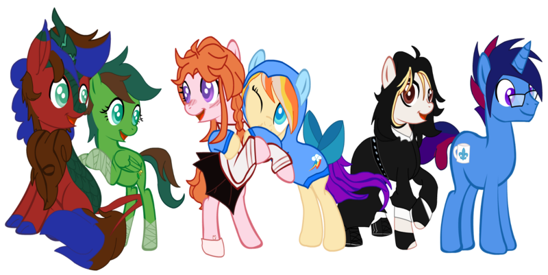 Size: 1598x800 | Tagged: safe, artist:darktailsko, derpibooru import, oc, oc:angel petal, oc:jezza belle, oc:marquise majordome, oc:qilala, oc:scarlet havoc, oc:windy barebow evergreen, derpibooru community collaboration, 2023 community collab, image, png