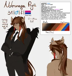 Size: 3000x3197 | Tagged: safe, artist:carbutt69, derpibooru import, oc, oc:nobunaga ryu, anthro, pegasus, bags under eyes, black wings, ceo, character info, clothes, daddy, hair tie, image, male, multicolored hair, older, png, ponytail, reference sheet, solo, solo male, stripe, suit, wings