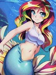Size: 1024x1366 | Tagged: suggestive, derpibooru import, editor:sammykun, machine learning generated, novelai, stable diffusion, sunset shimmer, human, mermaid, equestria girls, beautiful, breasts, female, fins, fish tail, hand behind back, high res, humanized, humanoid, image, jpeg, looking at you, mermaid tail, midriff, reasonably sized breasts, scales, sexy, smiling, solo, solo female, sunset, tail, underwater, water, white shirt