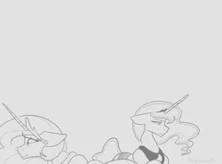 Size: 1536x1132 | Tagged: safe, artist:averysweatyboy, derpibooru import, princess celestia, princess luna, alicorn, pony, crown, duo, duo female, female, floppy ears, gray background, grayscale, image, jewelry, mare, monochrome, png, regalia, royal sisters, siblings, simple background, sisters, uncomfortable