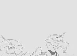 Size: 1536x1132 | Tagged: safe, artist:averysweatyboy, derpibooru import, princess celestia, princess luna, alicorn, pony, crown, duo, duo female, eyes closed, female, floppy ears, gray background, grayscale, image, jewelry, mare, monochrome, png, regalia, royal sisters, siblings, simple background, sisters, uncomfortable