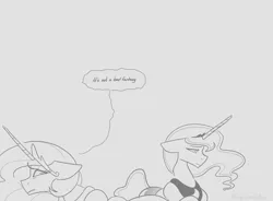 Size: 1536x1132 | Tagged: safe, artist:averysweatyboy, derpibooru import, princess celestia, princess luna, alicorn, pony, crown, dialogue, duo, duo female, female, floppy ears, gray background, grayscale, image, jewelry, mare, monochrome, png, regalia, royal sisters, siblings, simple background, sisters, speech bubble, uncomfortable