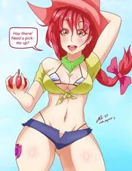 Size: 2550x3300 | Tagged: suggestive, artist:manhunterj, derpibooru import, apple bloom, human, breasts, busty apple bloom, cleavage, cowboy hat, cutie mark, dialogue, female, hat, high res, humanized, image, jpeg, older, older apple bloom, open mouth, solo, solo female, speech bubble, stetson, tattoo