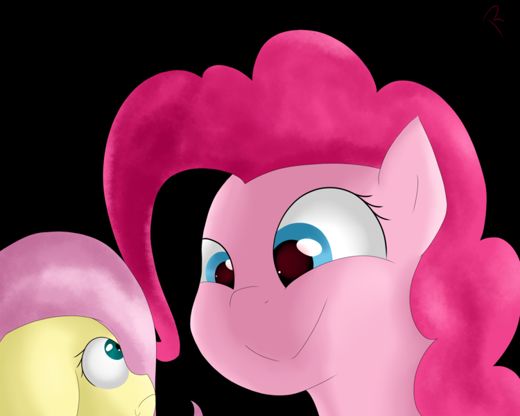 Size: 2500x2000 | Tagged: safe, artist:reinbou, derpibooru import, fluttershy, pinkie pie, earth pony, pegasus, pony, black background, duo, duo female, female, image, png, simple background
