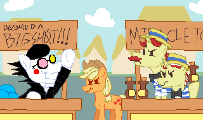 Size: 1600x945 | Tagged: safe, artist:creepa-bot inc., derpibooru import, applejack, flam, flim, ponified, earth pony, pony, unicorn, angry, applejack is not amused, applejack's hat, bottle, brothers, cowboy hat, deltarune, flim flam brothers, friday night funkin', hat, image, male, pipis, pixel art, png, ponyville, puppet, siblings, sign, spamton, stand, unamused