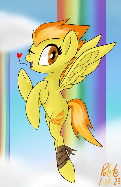 Size: 1552x2396 | Tagged: safe, artist:notadeliciouspotato, derpibooru import, spitfire, pegasus, pony, bandage, blowing a kiss, cloud, female, floating heart, flying, heart, image, looking at you, mare, one eye closed, open mouth, open smile, png, rainbow waterfall, signature, smiling, solo, spread wings, wings, wink