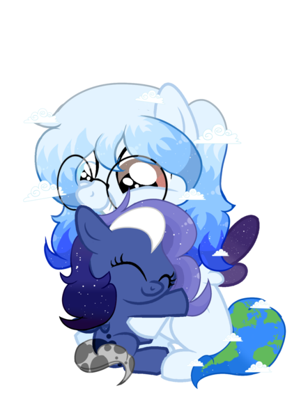 Size: 1369x1857 | Tagged: safe, artist:be_yourself, derpibooru import, oc, oc:altersmay earth, oc:moony nightly, ponified, pegasus, pony, derpibooru community collaboration, 2023 community collab, baby, baby pony, cloud, colored wings, cute, duo, duo female, eyes closed, female, filly, foal, glasses, grin, heterochromia, image, looking down, planet ponies, png, simple background, smiling, transparent background, wings