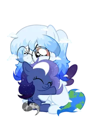 Size: 1369x1857 | Tagged: safe, artist:be_yourself, derpibooru import, oc, oc:altersmay earth, oc:moony nightly, ponified, pegasus, pony, derpibooru community collaboration, 2023 community collab, baby, baby pony, cloud, colored wings, cute, duo, duo female, eyes closed, female, filly, foal, glasses, grin, heterochromia, image, looking down, planet ponies, png, simple background, smiling, transparent background, wings