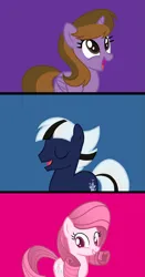 Size: 1577x3005 | Tagged: safe, artist:tanahgrogot, derpibooru import, oc, oc:annisa trihapsari, oc:ghostpony, oc:princess kincade, unofficial characters only, alicorn, earth pony, pony, blue background, cute, eyes closed, female, group, happy, image, looking at you, magenta background, male, mare, ocbetes, open mouth, png, purple background, simple background, smiling, smiling at you, stallion, trio