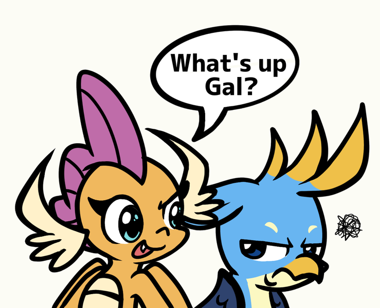 Size: 1256x1020 | Tagged: safe, artist:derp pone, derpibooru import, gallus, smolder, dragon, gryphon, derpibooru exclusive, duo, duo male and female, female, image, male, png, simple background, teasing, unamused
