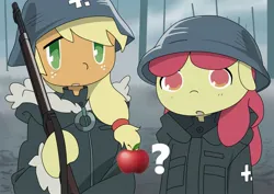 Size: 1695x1200 | Tagged: safe, artist:pony quarantine, derpibooru import, apple bloom, applejack, earth pony, pony, apple, apple sisters, clothes, duo, female, filly, floppy ears, foal, food, gun, helmet, image, jacket, jpeg, mare, no pupils, question mark, rifle, siblings, sisters, weapon
