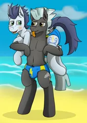Size: 3236x4563 | Tagged: suggestive, artist:tacomytaco, derpibooru import, soarin', thunderlane, pegasus, pony, beach, belly button, bipedal, blushing, crotch bulge, firemans carry, gay, image, male, males only, png, shipping, soarilane, speedo, tongue out