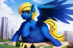 Size: 3072x2048 | Tagged: suggestive, derpibooru import, machine learning generated, oc, oc:thunder lightning, unofficial characters only, pegasus, pony, belly, big belly, bulges, city, image, looking at you, macro, male, pegasus oc, png, solo, spread wings, vore, wings