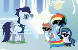 Size: 3099x2000 | Tagged: safe, artist:pastelnightyt, derpibooru import, rainbow dash, soarin', oc, oc:prism bolt, oc:rainbow storm, pony, alternate design, base used, image, offspring, parent:rainbow dash, parent:soarin', parents:soarindash, png, sunglasses