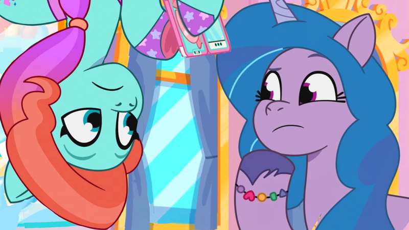 Size: 1280x721 | Tagged: safe, derpibooru import, edit, edited screencap, screencap, izzy moonbow, earth pony, pony, unicorn, my little pony: tell your tale, spoiler:g5, spoiler:my little pony: tell your tale, spoiler:tyts01e27, all that jazz, bracelet, confused, duo, duo female, female, g5, hoof polish, image, jazz (g5), jewelry, mare, phone, png, raised hoof, random, shocked, silly, silly pony, upside down