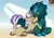 Size: 1100x778 | Tagged: safe, artist:arctic-fox, derpibooru import, oc, oc:poison trail, unofficial characters only, kirin, abstract background, duo, eyes closed, gradient background, image, jpeg, kirin oc, male, quadrupedal, trap, underhoof