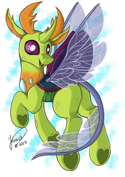 Size: 2894x4093 | Tagged: safe, artist:julunis14, derpibooru import, thorax, changedling, changeling, pony, butt, cute, digital art, fangs, freckles, frog (hoof), hoof heart, image, jpeg, king thorax, signature, simple background, smiling, solo, sparkly wings, spread wings, thorabetes, underhoof, wings