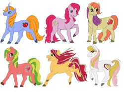 Size: 1039x769 | Tagged: safe, artist:cyclone62, derpibooru import, apple flitter, apple spice, applejack (g3), golden delicious, golden delicious (g3), earth pony, pony, unicorn, apple, apple family member, blue coat, candy apple (food), cute, food, g3, g3 applebetes, green apple, group, image, jpeg, long mane, raised leg, running, simple background, white background, wind, windswept mane