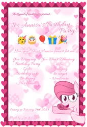 Size: 1816x2660 | Tagged: safe, artist:tanahgrogot, derpibooru import, oc, oc:annisa trihapsari, unofficial characters only, earth pony, pony, balloon, birthday cake, birthday card, cake, earth pony oc, emoji, female, food, hat, heart, ibispaint x, image, looking at you, mare, open mouth, open smile, party hat, png, present, simple background, smiling, smiling at you, solo, transparent background