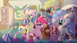 Size: 1453x811 | Tagged: safe, artist:brybrychan, derpibooru import, pinkie pie, oc, earth pony, hybrid, pony, :p, earth pony oc, eyes closed, female, image, indoors, male, mare, necktie, parents:canon x oc, png, signature, smiling, stallion, tongue out, unshorn fetlocks