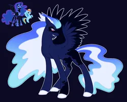 Size: 1024x820 | Tagged: safe, artist:purplegrim40, derpibooru import, nightmare moon, rainbow dash, oc, alicorn, pegasus, pony, black background, female, frown, image, jpeg, magical lesbian spawn, male, mare, offspring, parent:nightmare moon, parent:rainbow dash, pegasus oc, simple background, stallion, wings