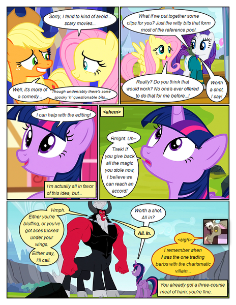 Size: 612x792 | Tagged: safe, artist:newbiespud, derpibooru import, edit, edited screencap, screencap, applejack, discord, fluttershy, lord tirek, rarity, twilight sparkle, twilight sparkle (alicorn), alicorn, centaur, draconequus, earth pony, pegasus, pony, taur, unicorn, comic:friendship is dragons, filli vanilli, twilight's kingdom, what about discord?, butt, comic, dialogue, female, g4, grin, hat, horns, image, looking up, male, mare, nose piercing, nose ring, outdoors, piercing, plot, png, screencap comic, smiling, twibutt