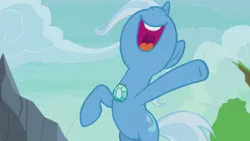 Size: 1000x563 | Tagged: safe, derpibooru import, edit, edited screencap, screencap, trixie, pony, unicorn, season 7, to change a changeling, bipedal, clothes, clothes edit, cloud, female, gem, image, looking up, mare, open mouth, png, raised hoof, random, rearing, silly, sky, smiling, solo