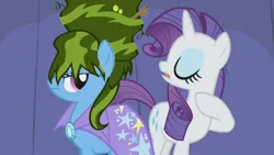 Size: 1000x563 | Tagged: safe, derpibooru import, edit, edited screencap, screencap, rarity, trixie, pony, unicorn, boast busters, season 1, alternate hairstyle, alternate scenario, cape, clothes, duo, duo female, eyes closed, eyeshadow, female, frown, gem, green hair, hoof on chest, image, looking at someone, makeup, mane swap, mare, png, silly, stars, trixie is not amused, trixie's cape, unamused