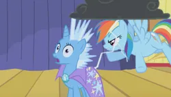 Size: 1000x563 | Tagged: safe, derpibooru import, edit, edited screencap, screencap, rainbow dash, trixie, pegasus, pony, unicorn, boast busters, season 1, alternate scenario, cape, clothes, duo, duo female, female, flying, frown, gem, image, lightning, mare, open mouth, png, shocked, shocked expression, silly, spread wings, stars, thunder cloud, trixie is not amused, trixie's cape, unamused, wings