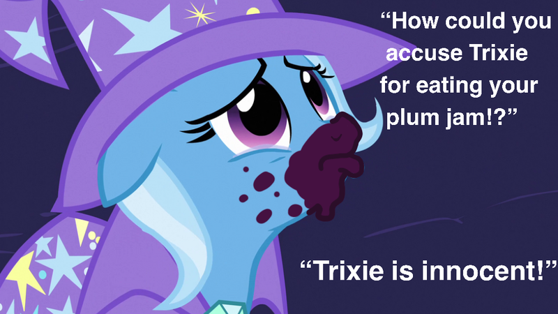 Size: 1000x563 | Tagged: safe, derpibooru import, edit, edited screencap, screencap, trixie, pony, unicorn, magic duel, season 3, blatant lies, cape, clothes, cute, dialogue, diatrixes, female, floppy ears, food, frown, gem, hat, image, jam, looking up, mare, png, pouting, sad, seems legit, silly, silly pony, solo, text, trixie's cape, trixie's hat