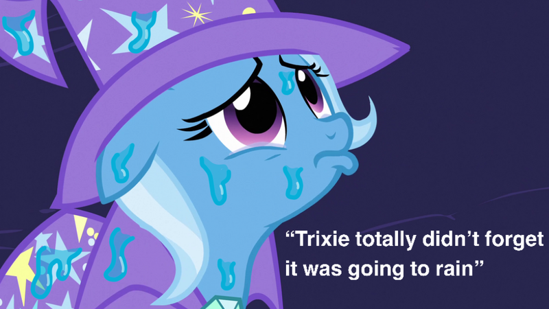 Size: 1000x563 | Tagged: safe, derpibooru import, edit, edited screencap, screencap, trixie, pony, unicorn, magic duel, season 3, blatant lies, cape, clothes, cute, dialogue, diatrixes, female, floppy ears, frown, gem, hat, image, looking up, mare, oops, png, pouting, sad, silly, silly pony, solo, text, trixie's cape, trixie's hat, water droplet, wet