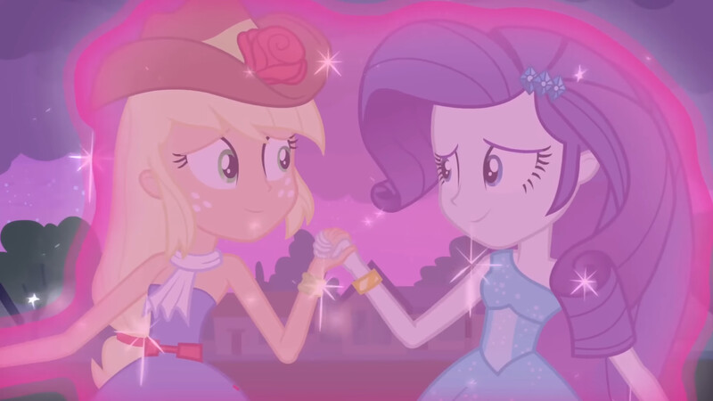 Size: 3072x1727 | Tagged: safe, derpibooru import, screencap, applejack, rarity, human, equestria girls, equestria girls (movie), bare shoulders, cowboy hat, duo, duo female, fall formal outfits, female, hairpin, hat, holding hands, image, jpeg, looking at each other, looking at someone, night, sleeveless, smiling, smiling at each other, strapless