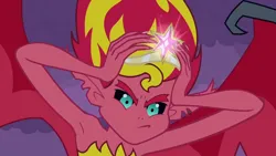 Size: 3072x1727 | Tagged: safe, derpibooru import, screencap, sunset shimmer, human, equestria girls, equestria girls (movie), bare shoulders, big crown thingy, element of magic, female, flying, image, jewelry, jpeg, night, regalia, sleeveless, solo, spread wings, strapless, sunset satan, wings