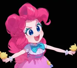 Size: 576x512 | Tagged: safe, derpibooru import, machine learning generated, pinkie pie, human, equestria girls, >:d, anime, black background, cupcake, female, food, image, pinegraph, png, simple background, solo