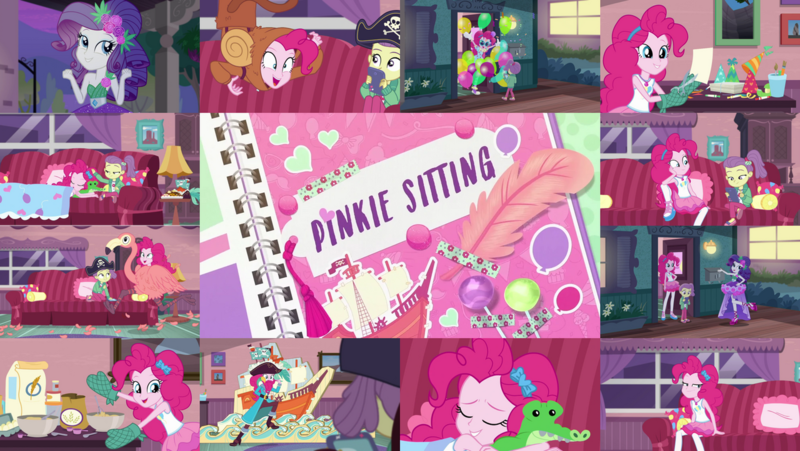 Size: 1280x722 | Tagged: safe, derpibooru import, editor:quoterific, pinkie pie, rarity, human, equestria girls, equestria girls series, pinkie sitting, image, pinkie being pinkie, png