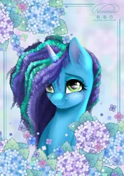 Size: 800x1128 | Tagged: safe, artist:nuumia, derpibooru import, pony, unicorn, g5, my little pony: make your mark, my little pony: make your mark chapter 2, spoiler:my little pony: make your mark chapter 2, bust, cute, female, flower, hair over one eye, image, jpeg, mare, misty brightdawn, mistybetes, portrait, smiling, solo