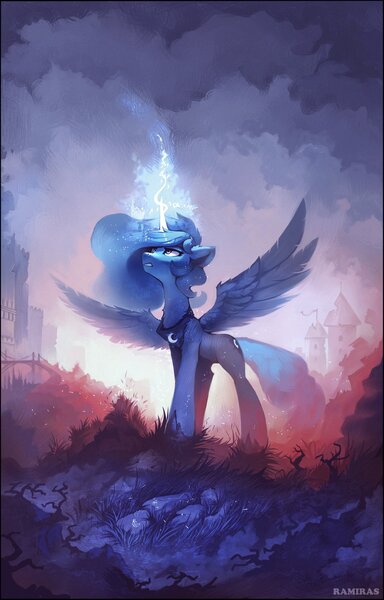 Size: 1870x2925 | Tagged: safe, artist:ramiras, derpibooru import, princess luna, alicorn, pony, fanfic, city, fanfic art, fanfic cover, female, glow, glowing horn, horn, image, jpeg, magic, mare, slim, solo, spread wings, standing, thin, wings