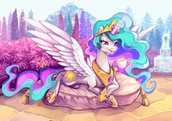 Size: 2283x1614 | Tagged: safe, artist:eiolf, derpibooru import, princess celestia, alicorn, pony, crown, cup, female, food, g4, garden, glow, glowing horn, hoof shoes, horn, image, jewelry, levitation, magic, mare, peytral, pillow, png, regalia, relaxing, solo, spread wings, tea, tea time, teacup, telekinesis, wings