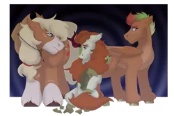 Size: 1280x854 | Tagged: safe, artist:itstechtock, derpibooru import, applejack, autumn blaze, oc, oc:pazazz apple, hybrid, kirin, pony, crying, image, interspecies offspring, magical lesbian spawn, offspring, parent:applejack, parent:autumn blaze, parents:autumnjack, png