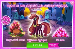 Size: 1960x1297 | Tagged: safe, derpibooru import, official, applejack, earth pony, pony, advertisement, armor, bush, costs real money, english, evil, female, gameloft, gem, hair tie, hatless, hoof shoes, image, jewelry, jpeg, mare, missing accessory, mobile game, my little pony: magic princess, nightmare applejack, nightmarified, numbers, regalia, sale, solo, solo focus, tail, tail wrap, text, throne